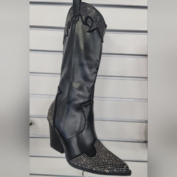 Weeboo Chunk Heel Rhinestone Decor Western Black Studded Women's Boots Sz 8.5 - Picture 2 of 3